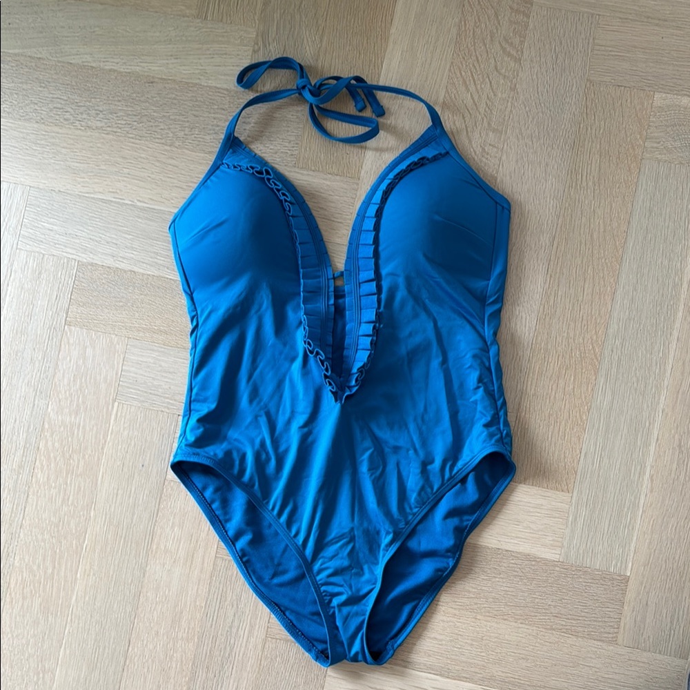 Kenneth Cole Turqoise Blue Halter Plunge Bathing Suit Size Large